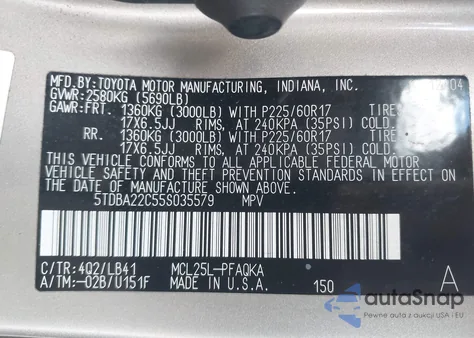 2005 Toyota Sienna Xle Limited z USA, uszkodzony, nr VIN 5TDBA22C55S035579